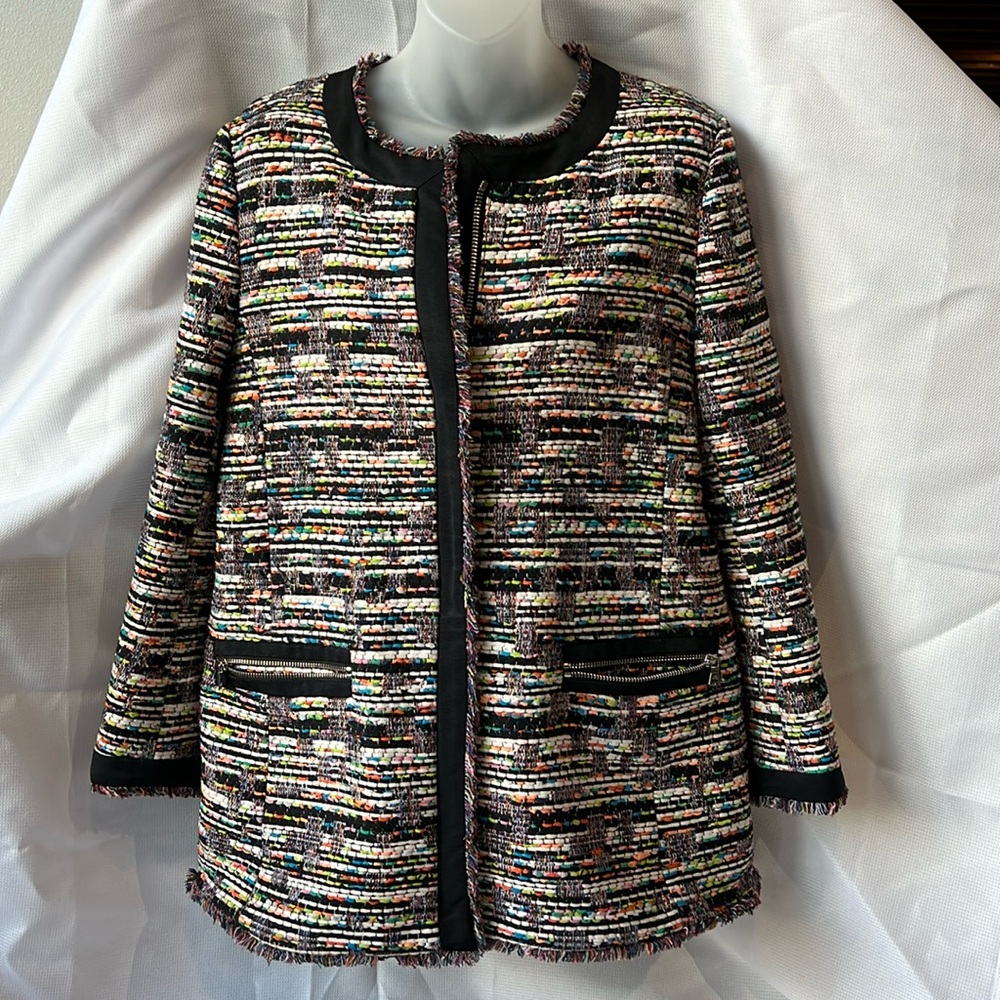 ANN TAYLOR TWEED FRINGE JACKET RED BLUE MULTI COLOR FALL WINTER TOP SIZE M